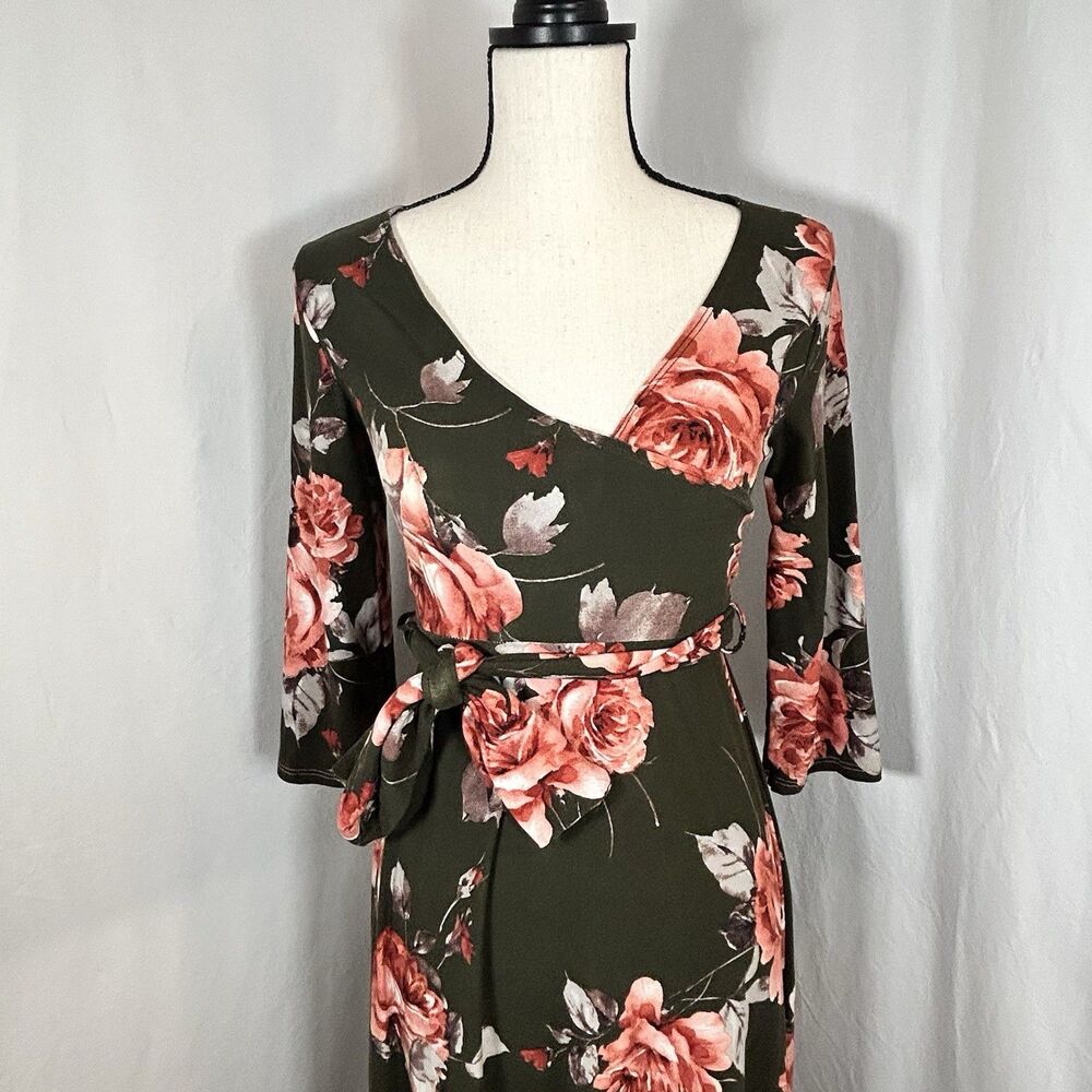 Mother Bee Maternity Green Pink Floral Maxi Dress Soft Stretchy Belted Size Med - Picture 2 of 13